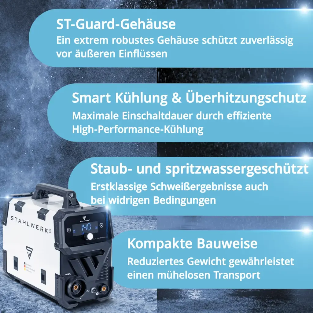 STAHLWERK Saldatrice Mini FLUX 140 ST Digitale | 140A, Senza Gas, Avanzamento Filo Sinergico, LED, 7 Anni Di Garanzia