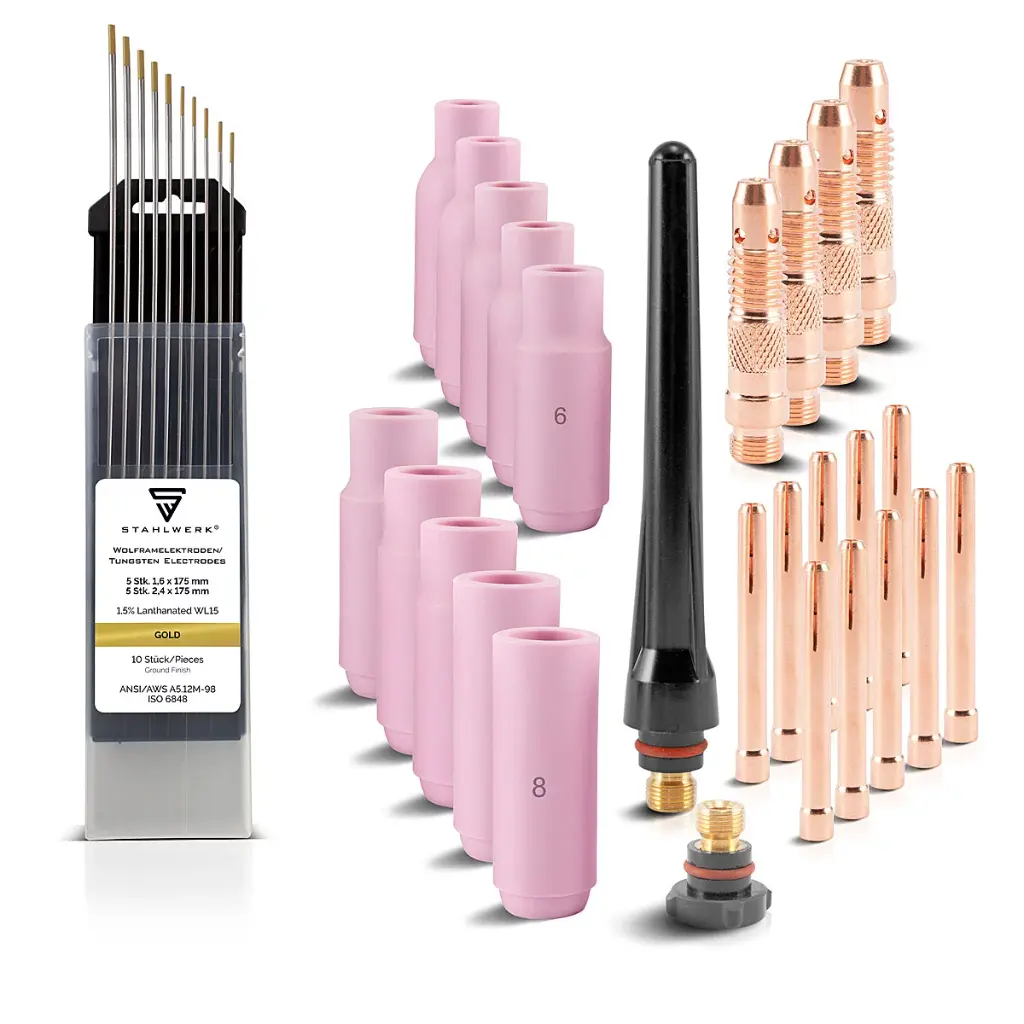 STAHLWERK WP-26 WIG Schweißzubehör Set 36-teilig, Verschleißteile: Spannhülsen + Gehäuse + Keramikdüsen + Wolframelektroden für WP-26 WIG-Schweißbrenner