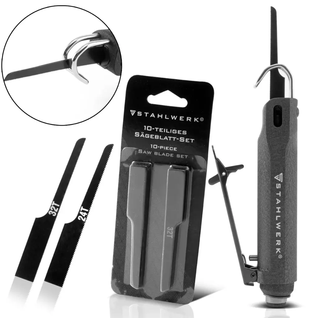 STAHLWERK Druckluftstichsäge bis zu 9.000 Hübe/min Karosseriesäge zum Schneiden von Holz, Metall, Karosserieblechen inkl. 12 Sägeblätter 