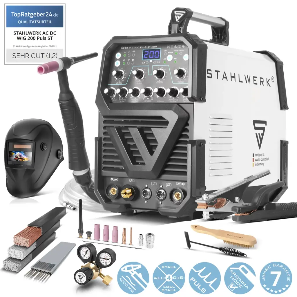 STAHLWERK AC/DC WIG 200 Puls ST Vollausstattung, Profi Schweißgerät mit 200 Ampere WIG MMA viele Schweißparameter einstellbar 