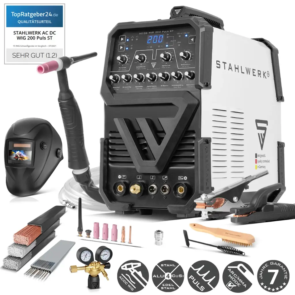 STAHLWERK AC/DC WIG 200 Puls ST Vollausstattung, Profi Schweißgerät mit 200 Ampere WIG MMA viele Schweißparameter einstellbar 