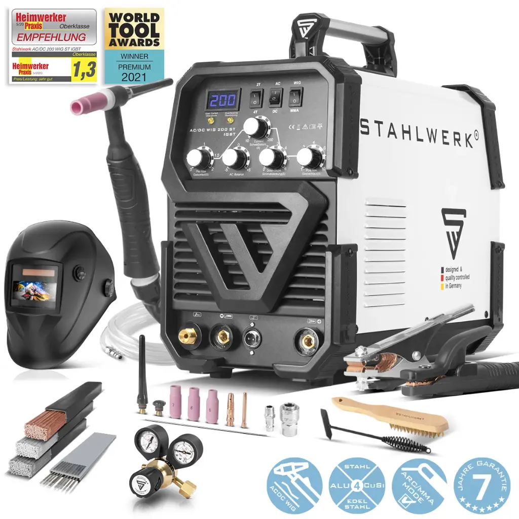 STAHLWERK AC/DC WIG 200 ST IGBT Vollausstattung, Kombi Schweißgerät mit 200 Ampere WIG MMA, Aluminium schweißen 