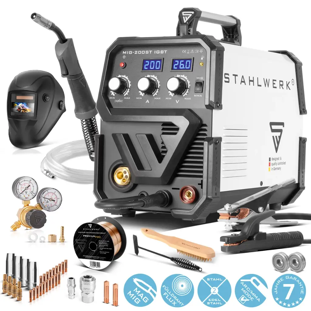 STAHLWERK MIG MAG 200 ST IGBT- Vollausstattung - MIG MAG Schutzgas Schweißgerät mit 200 Ampere, FLUX Fülldraht geeignet, mit MMA E-Hand 