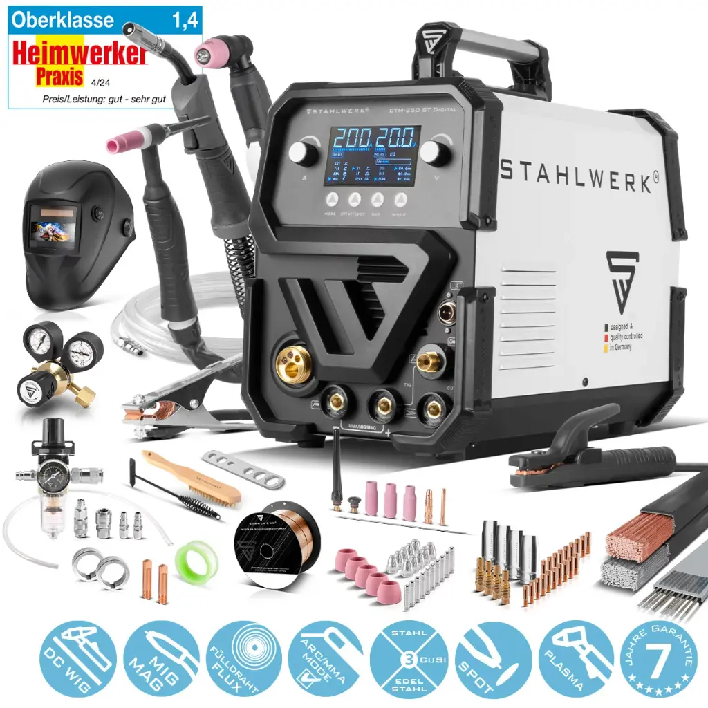 STAHLWERK Kombi-Schweißgerät CTM-250 ST Digital Vollausstattung 5-in-1 Schutzgas-Schweißgerät | Inverter mit 200 A, synergischem Drahtvorschub und integriertem 50 A Plasmaschneider CUT | WIG 