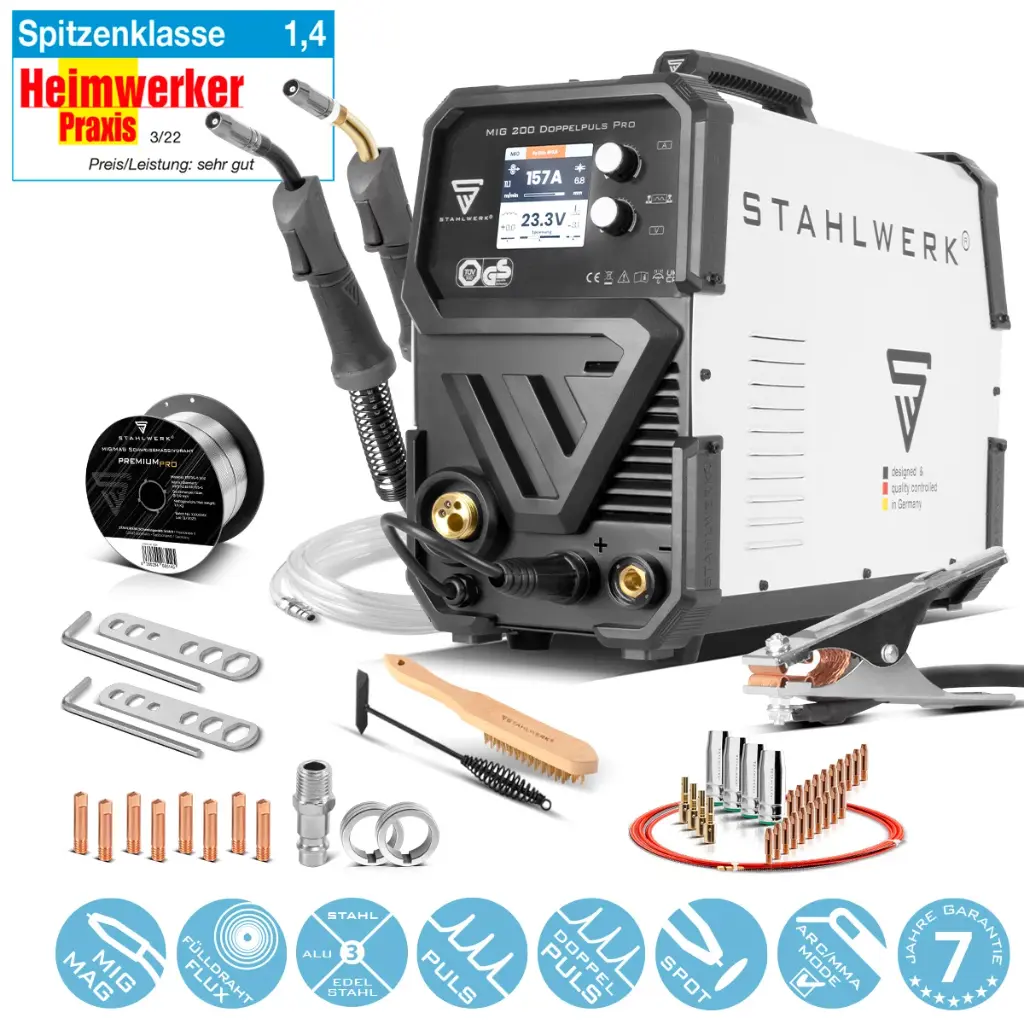 STAHLWERK MIG MAG 200 Doppelpuls Pro leistungsstarkes Schweißgerät im Set mit MIG MAG-Schweißbrenner AK25/MB25 ALU und Verschleißteile Set für Aluminium 