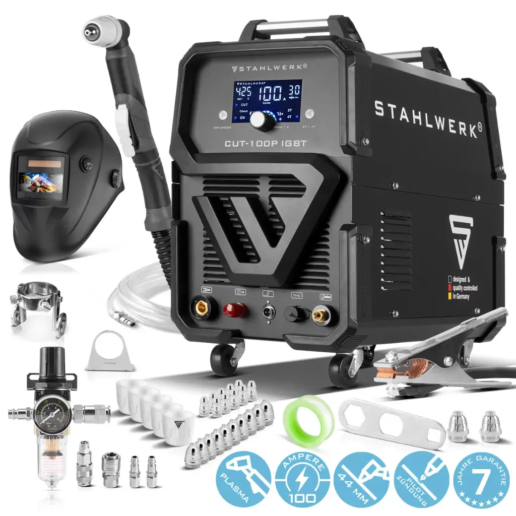 STAHLWERK CUT 100 P Digital Plasmaschneider Profi-Set 100 A, Pilot-Zündung, einstellbare Luftnachströmzeit, Kühlung & Überhitzungsschutz 