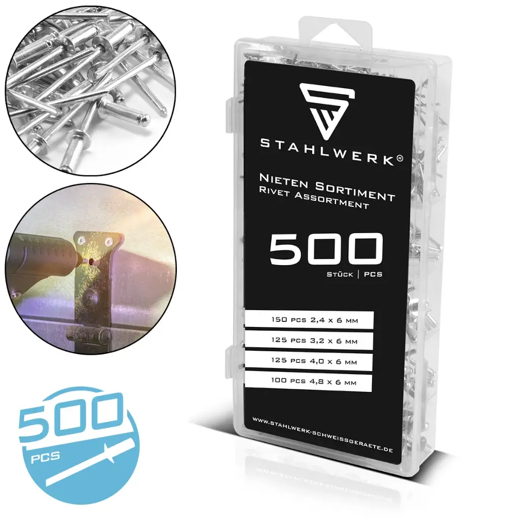 STAHLWERK Nieten Sortiment 500-teilig Blindnieten Set aus Aluminium Nietenset