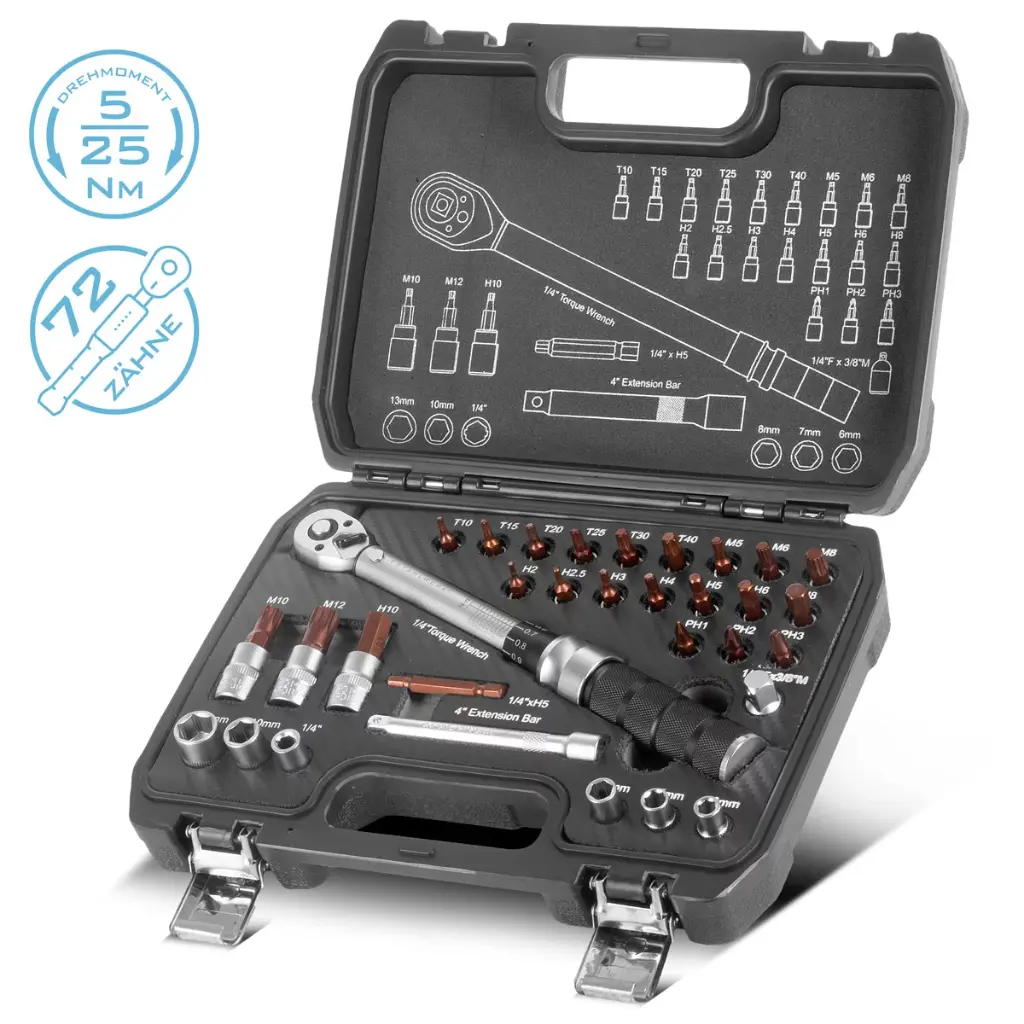 STAHLWERK Drehmomentschlüssel-Set 32teilig 1/4" 5-25Nm Ratsche Umschaltknarre
