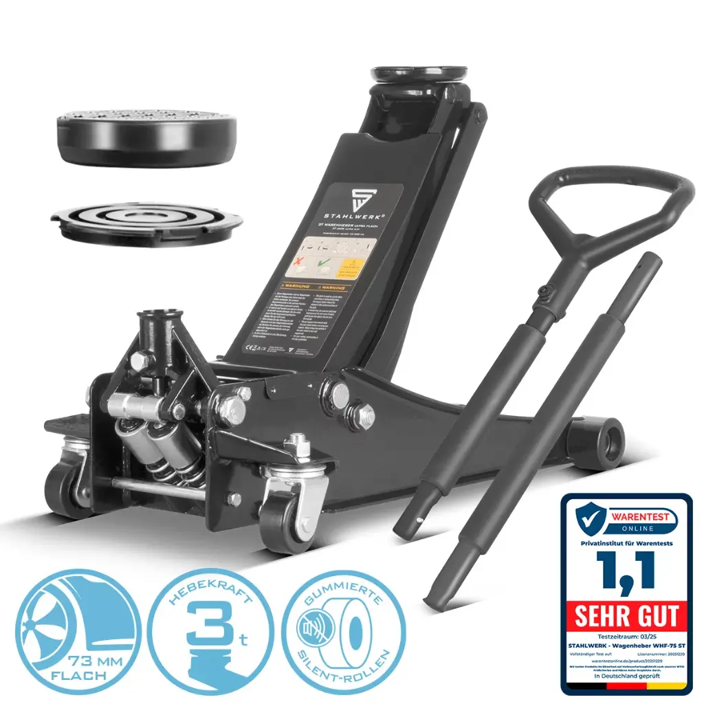 STAHLWERK Wagenheber WHB-73 ST mit 3 t Tragkraft Gummirollen 73-500mm Hubbereich