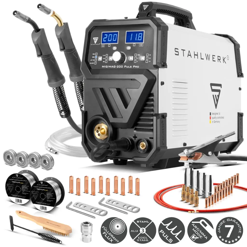 STAHLWERK MIG MAG 200 Puls Pro IGBT Schutzgas Schweißgerät Vollsynergisches 5 in 1 Kombigerät mit echten 200 Ampere inklusive AK25/MB25 Alu-Schweißbrenner, Verschleißteile-Set für Aluminium-Schweißen 