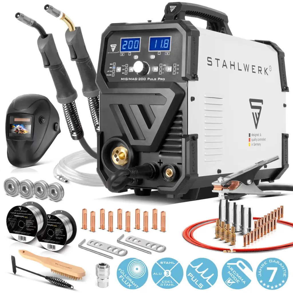 STAHLWERK MIG MAG 200 Puls Pro IGBT Schutzgas Schweißgerät Vollsynergisches 5 in 1 Kombigerät mit echten 200 Ampere inklusive AK25/MB25 Alu-Schweißbrenner, Verschleißteile-Set für Aluminium-Schweißen 