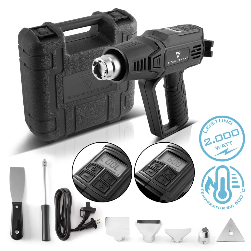 STAHLWERK HP-2001 PRO LCD-Heißluftpistole mit präziser Digitalsteuerung | Heißluftgebläse bis 600 Grad mit 2000 Watt | Professioneller Heißluftfön für anspruchsvolle Anwendungen 