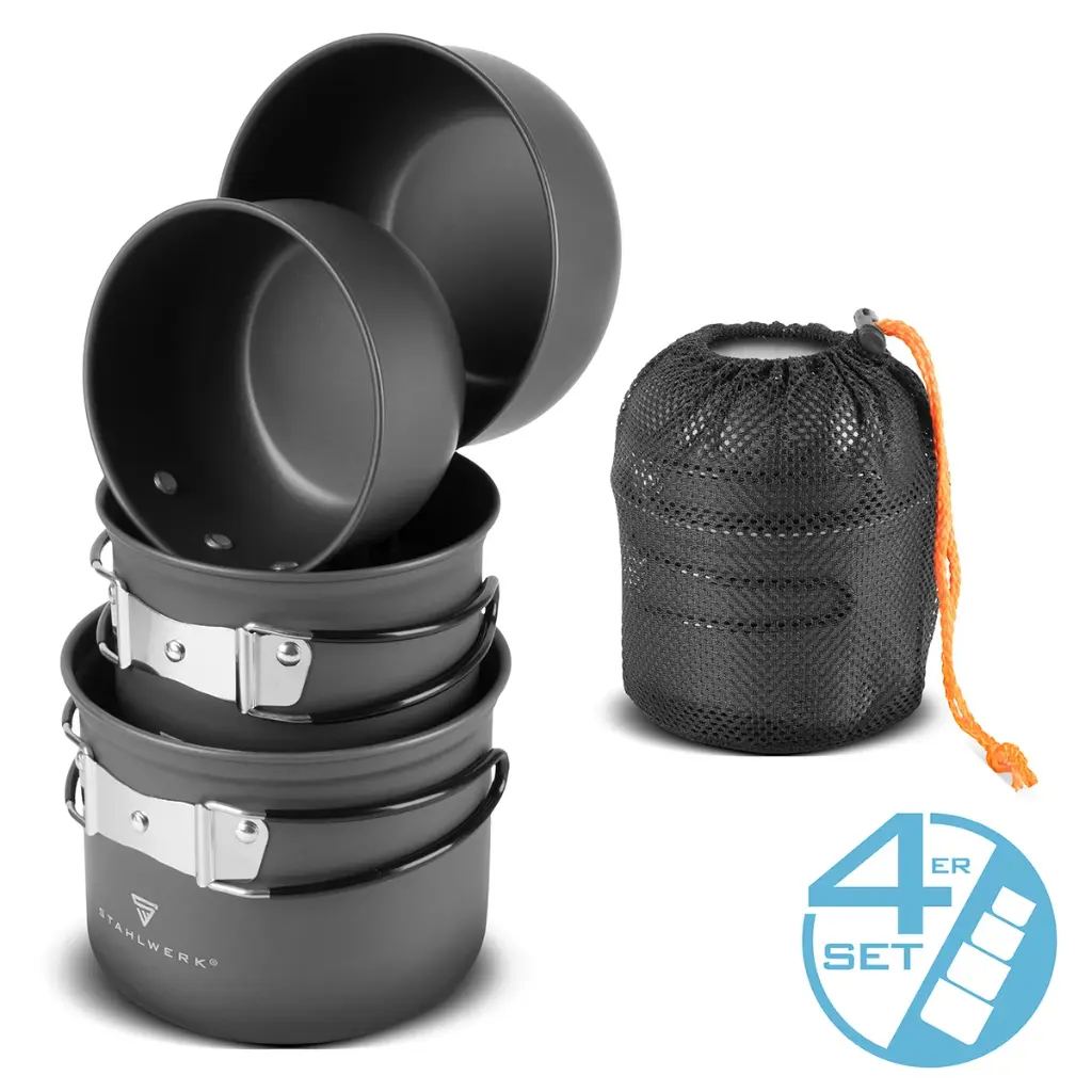 STAHLWERK Camping Kochtopf-Set 4-teilig aus Aluminium Outdoor Kochgeschirr Set