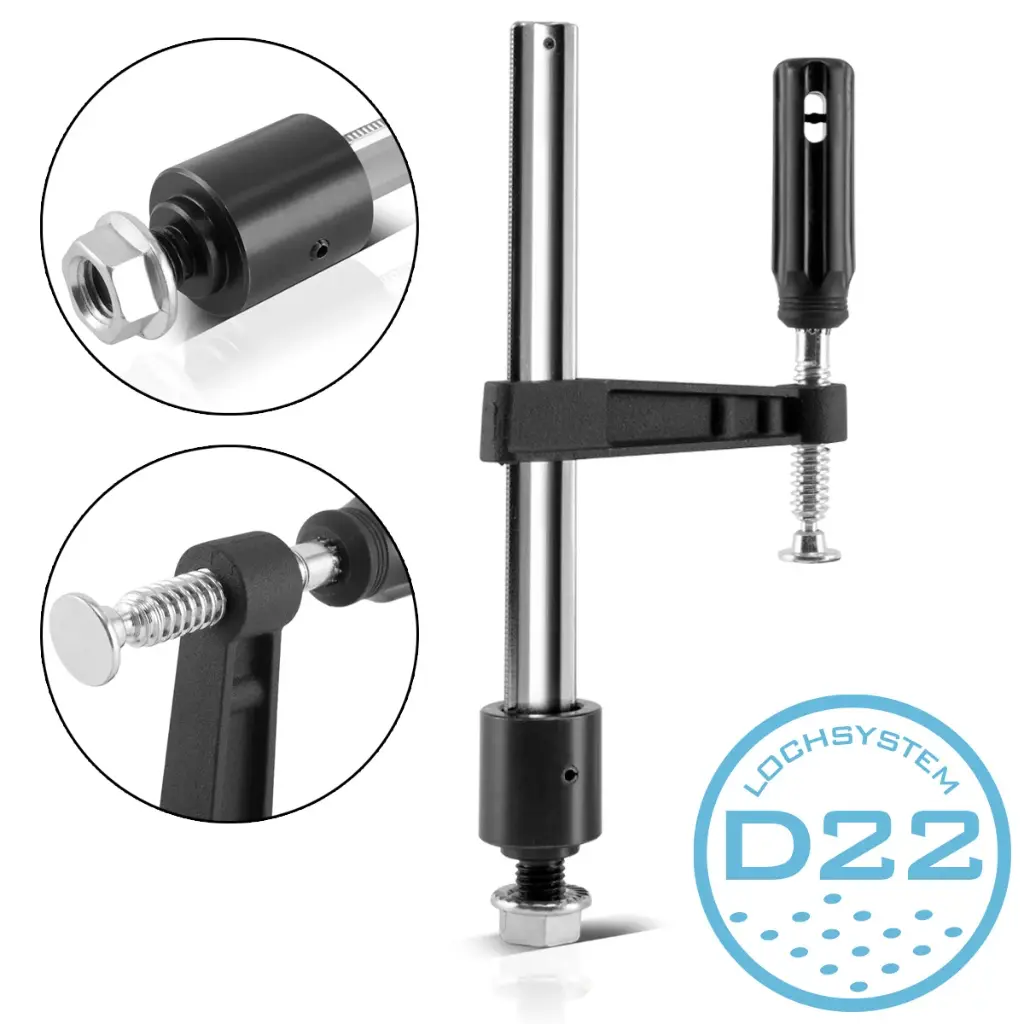 STAHLWERK Spannzwinge / Schraubzwinge 80 x 200 mm mit Fixierbolzen, Anschlag und Sicherungsschraube für Schweißtische mit D 22 mm Lochsystem 
