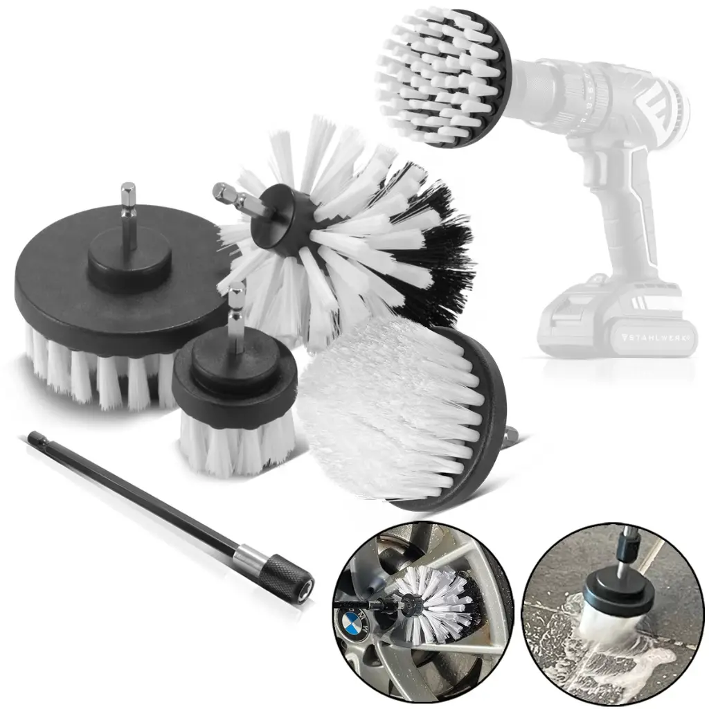 STAHLWERK Bürsten-Aufsatz 5er Set für Akkuschrauber und Bohrmaschinen, Reinigungs-, Polier- und Detailing-Bürsten mit Standard-Bit-Aufnahme inklusive Verlängerungs-Adapter