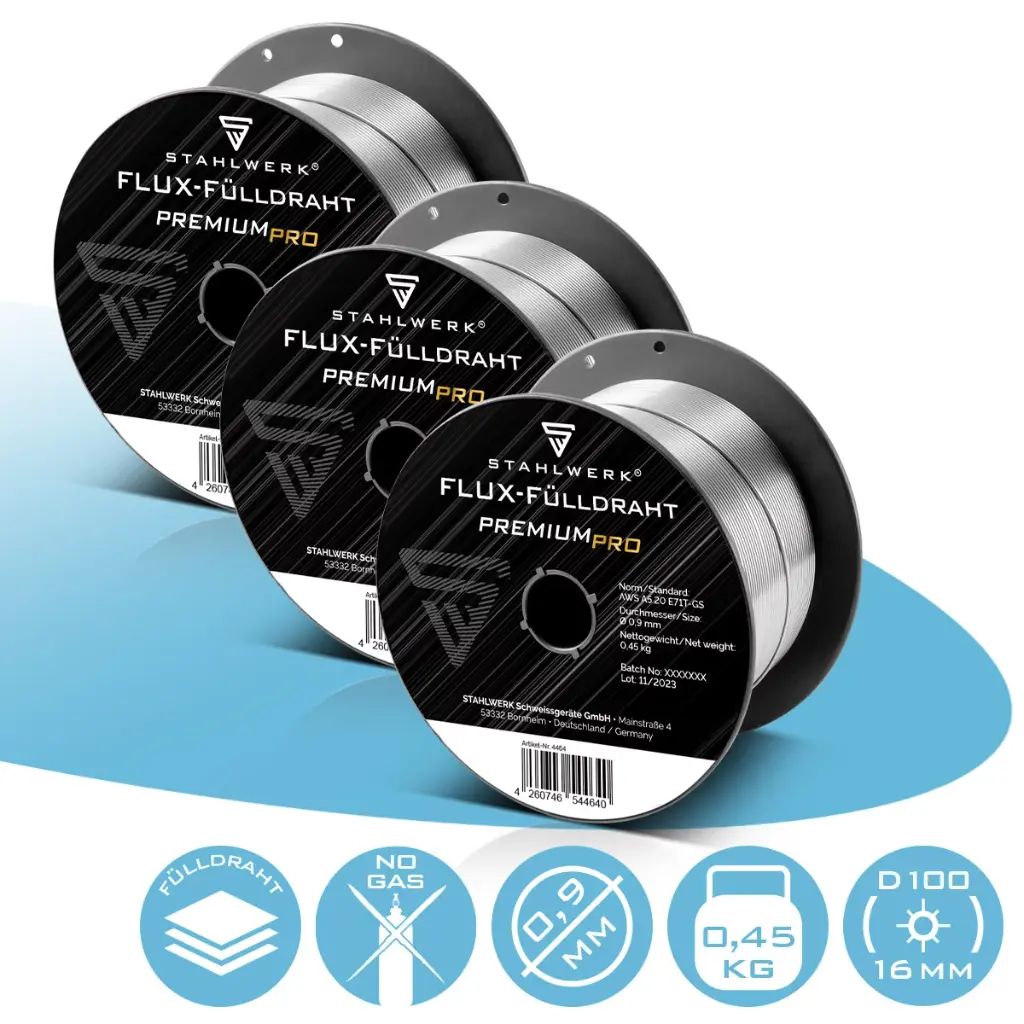 STAHLWERK Fülldraht 3er Set FLUX E71T-GS 0,9 mm 0,45 kg Drahtrolle D100 MIG MAG
