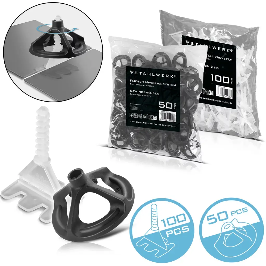 STAHLWERK Fliesen-Nivellier-Set 150 tlg. Gewindehauben & Zuglaschen mit Gewinde