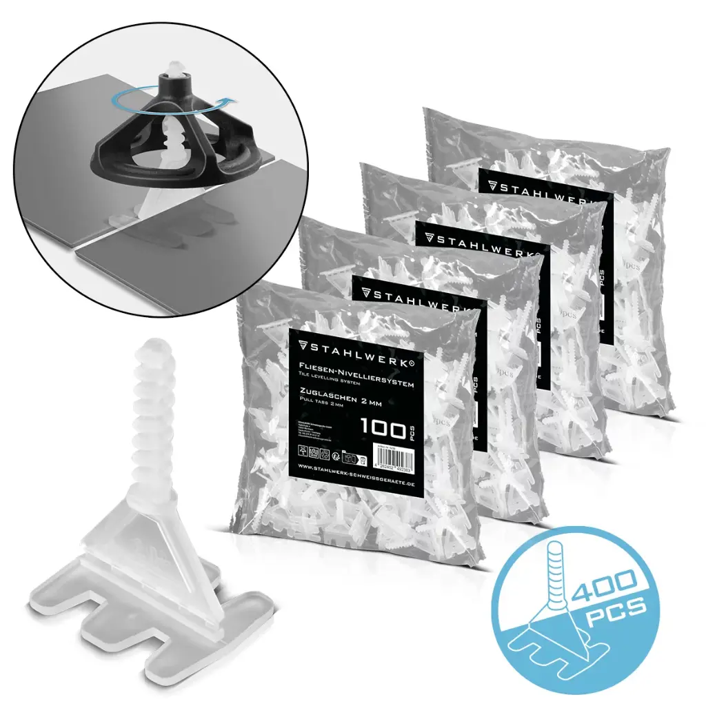 STAHLWERK 2 x Fliesen-Nivellier-System | 200-teilig Zuglasche mit Gewinde für professionelle Fliesenverlegung | Verlegehilfe | Professionelles Nivelliersystem