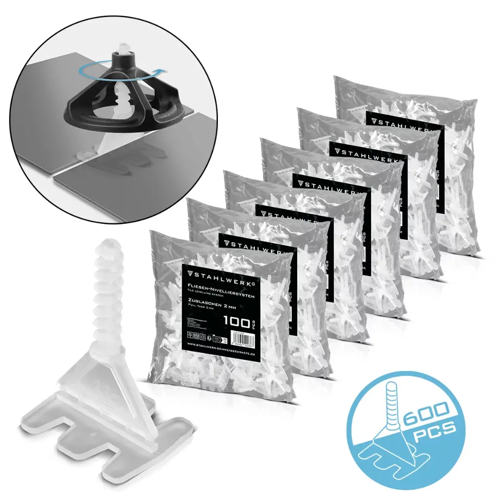 STAHLWERK 3 x Fliesen-Nivellier-System | 200-teilig Zuglasche mit Gewinde für professionelle Fliesenverlegung | Verlegehilfe | Professionelles Nivelliersystem