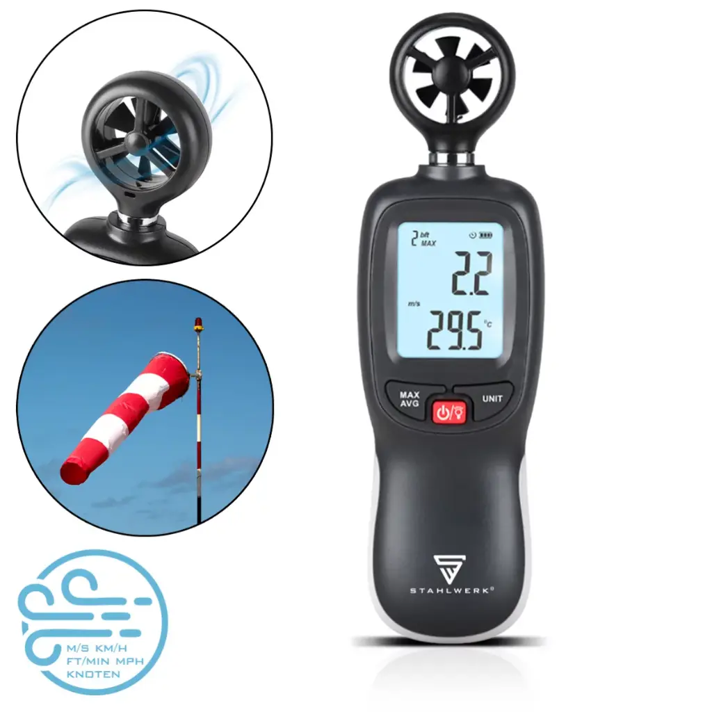 STAHLWERK Anemometer Kompakter Luftgeschwindigkeitsmesser 30 m/s, Windmessgerät