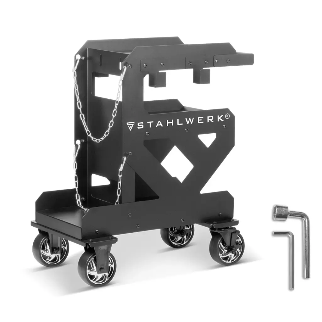 STAHLWERK Schweißwagen SW-600-ST | 1,5 mm Wandstärke | Robuster Schweißgerätewagen | Plasmaschneider-Transportwagen mit Schlauch-und Kabelhalterung | Gasflaschen-Kettensicherung | Longlife-Gummirollen 