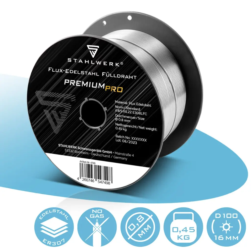 STAHLWERK FLUX Edelstahl Fülldraht E308LFC 0,8 mm | 0,45 kg Drahtrolle D100| Drahtspule für 16 mm Dorn | Premium Schweißdraht |Zusatzwerkstoff | Universal Schweißdraht | Fülldrahtelektrode | MIG MAG 