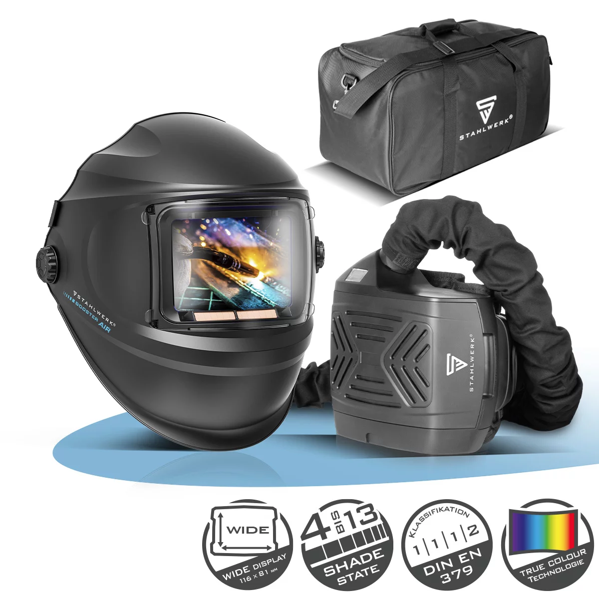 STAHLWERK Automatik Schweißhelm BOOSTER AIR Frischluftsystem TH3 Atemschutz PAPR