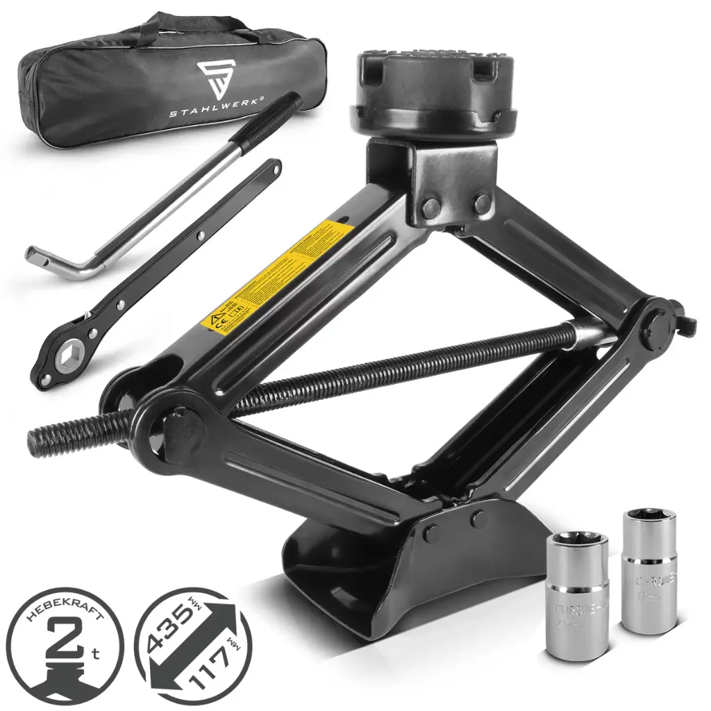 STAHLWERK Scherenwagenheber 2.000 kg, Autoheber, Kfz-Wagenheber, Ratsche, Tasche