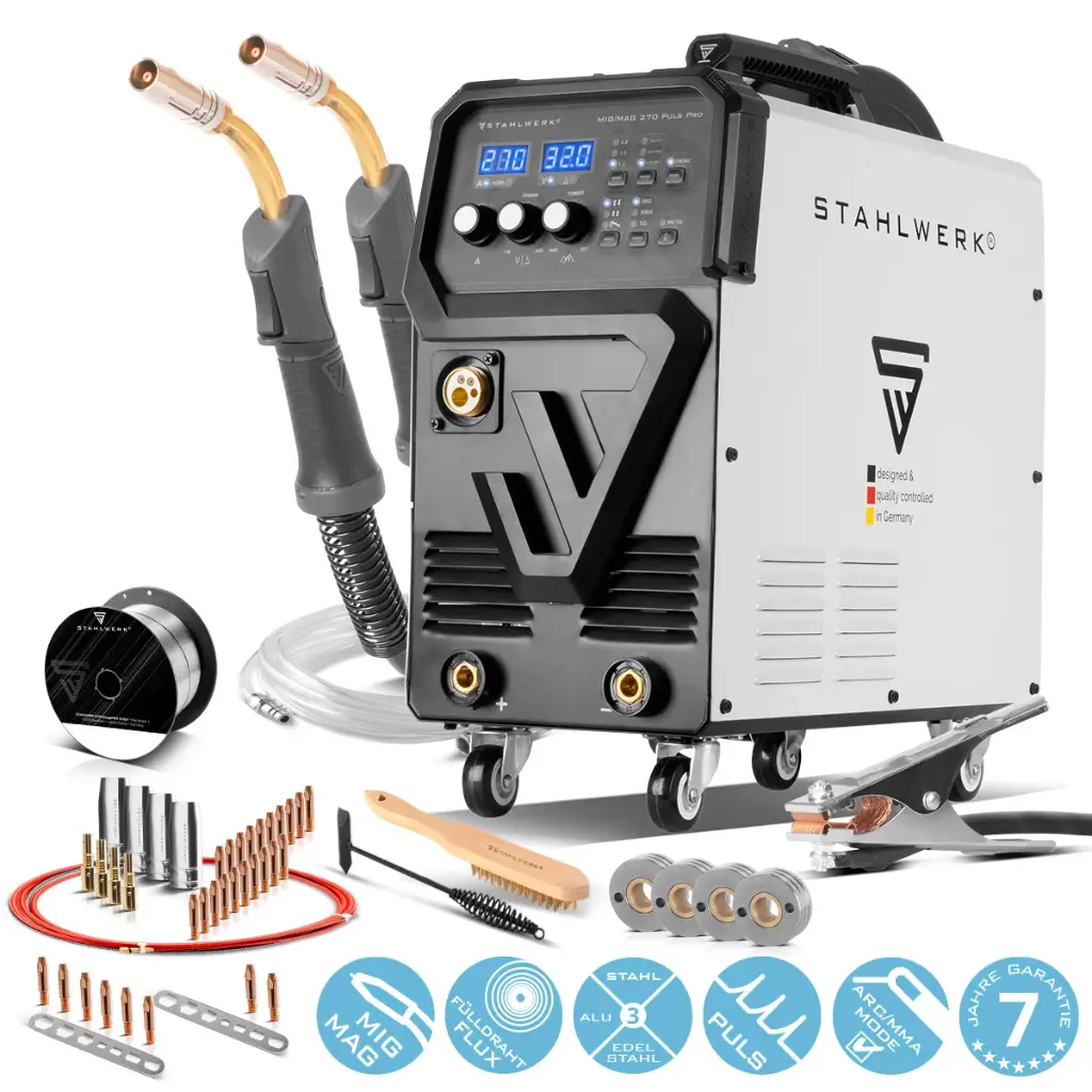 STAHLWERK Schweißgerät MIG 270 Puls Pro | 4-in-1 Schutzgas-Schweißgerät mit Pulsfunktion mit AK25/MB25 Alu-Schweißbrenner und Verschleißteile-Set für Aluminium-Schweißen | Inverter mit 270 A 