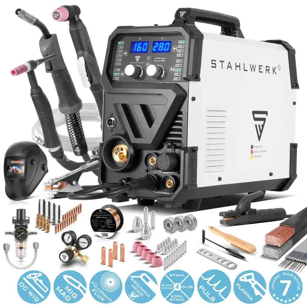 STAHLWERK Schweißgerät CTM-416 Puls Pro Vollausstattung 6-in-1 Schutzgas-Schweißgerät | Inverter mit 160 A, Puls-Funktion für Aluminium und 40 A Plasmaschneider CUT | WIG | MIG MAG | PULS | MMA | FLUX 