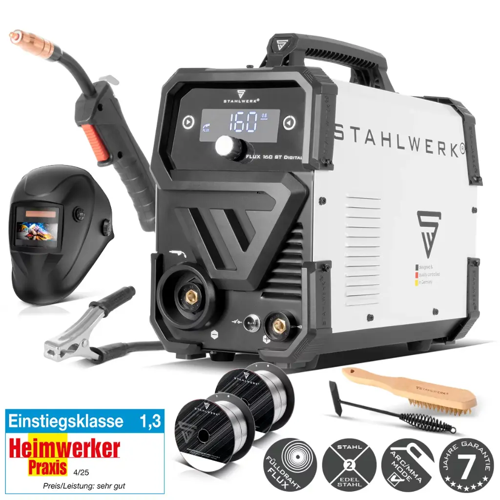 STAHLWERK Schweißgerät FLUX 160 ST Digital mit 160 A Vollausstattung, synergischem Drahtvorschub, Lift TIG und MMA Funktion zum Schweißen ohne Schutzgas