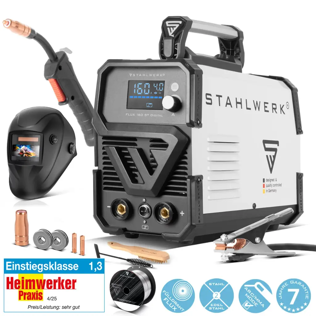 STAHLWERK Schweißgerät FLUX 160 ST Digital mit 160 A Vollausstattung, synergischem Drahtvorschub, Lift TIG und MMA Funktion zum Schweißen ohne Schutzgas