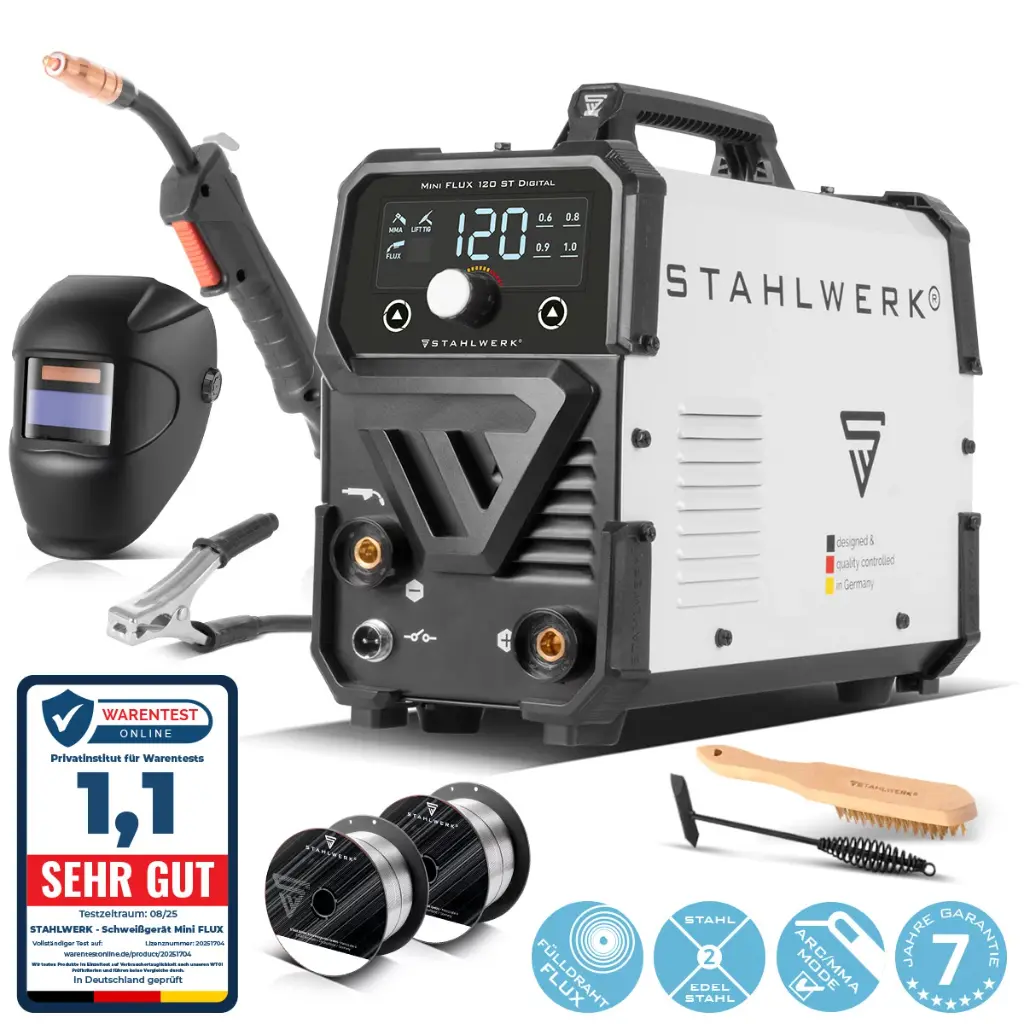 STAHLWERK Schweißgerät Mini FLUX 120 ST Digital mit 120 A Vollausstattung, synergischem Drahtvorschub, Lift-TIG und ARC/MMA Funktion zum Schweißen ohne Schutzgas