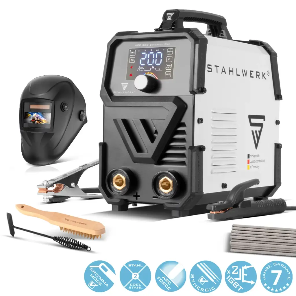 STAHLWERK Schweißgerät ARC 200 Synergic Pro MMA Lift TIG IGBT Inverter 200 A Vollausstattung
