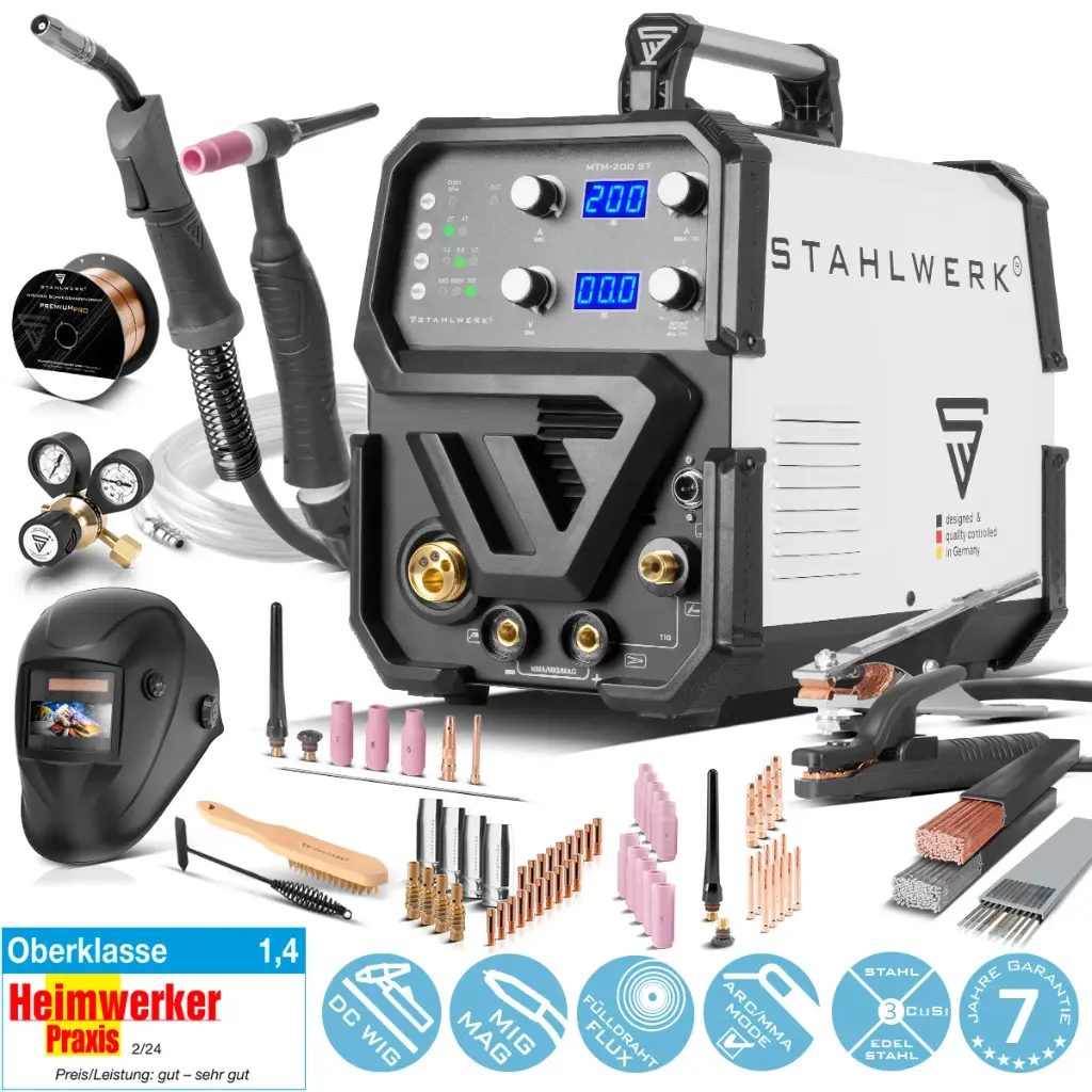 STAHLWERK Kombi-Schweißgerät MTM-200 ST Vollausstattung 3-in-1 Schutzgas-Schweißgerät, Inverter mit 200A und synergischem Drahtvorschub