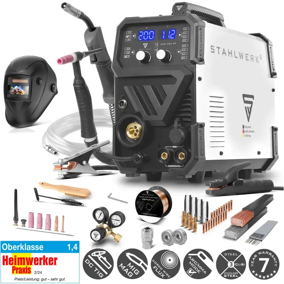 STAHLWERK MTM-200 ST 3-in-1 Schutzgas-Schweißgerät Vollausstattung | 200 A Kombi-Inverter für WIG, MIG/MAG, MMA, FLUX, CuSi3-Löten | HF-Zündung | Synergischer Drahtvorschub | VRD und Hotstart | 2-Takt / 4-Takt Modus 