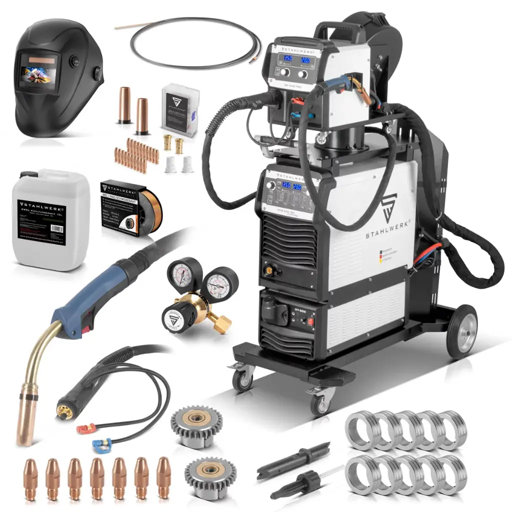 STAHLWERK Industrie-Schweißgerät MIG MAG 350 DP Vollausstattung Vollsynergischer, wassergekühlter IGBT Inverter mit 350 A und Spot-Funktion, MIG MAG Schweißanlage mit Puls, Doppelpuls