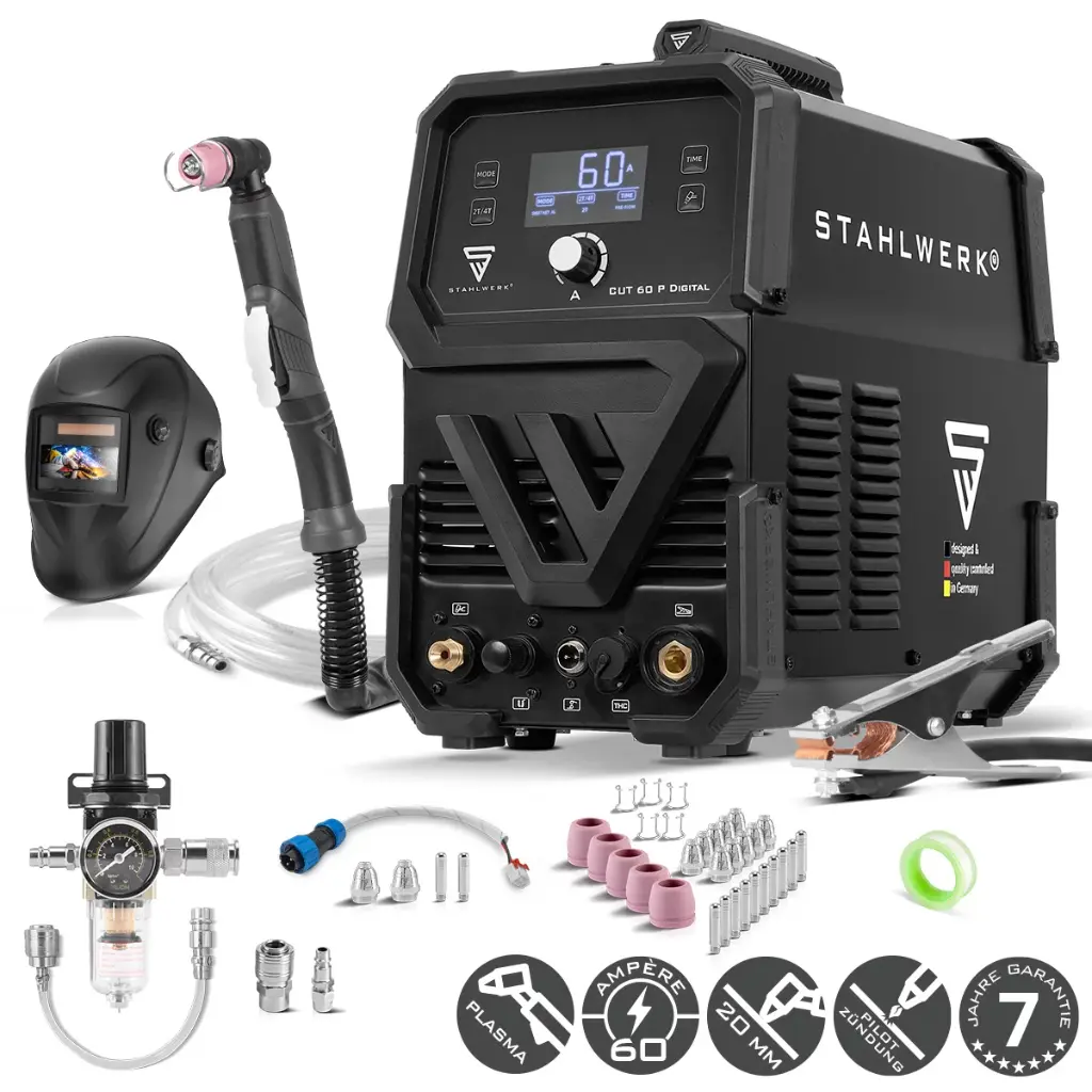 STAHLWERK Plasmaschneider CUT 60 P Digital Vollausstattung | 60 A Inverter-Plasmaschneider | HF-Pilotzündung | Digitalanzeige | THC-Schnittstelle für CNC | Schneidleistung bis 20 mm | Plasma Cutter mit 2T/4T-Funktion 