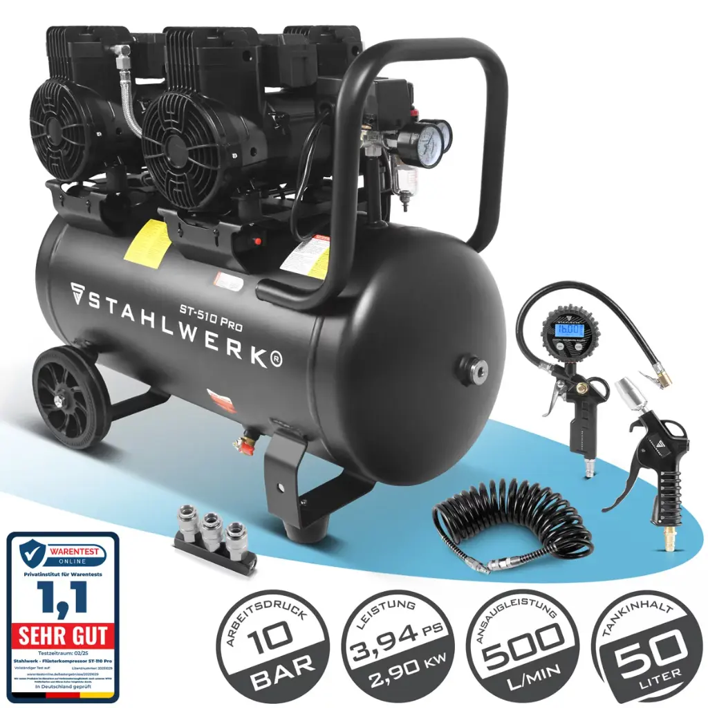 STAHLWERK Kompressor ST-510 Pro Vollausstattung 10 bar 4,3 PS 3,2 kW 420 l/min 50 l Tank ölfrei