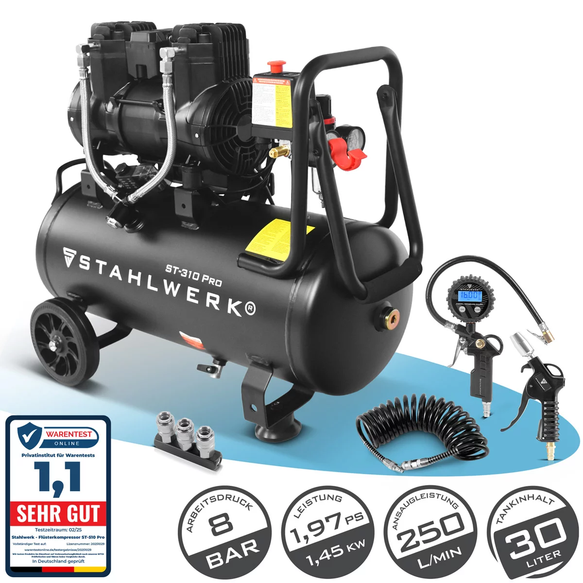 STAHLWERK Kompressor ST-310 Pro Vollausstattung 10 bar 2,1 PS 1,6 kW 210 l/min 30 l Druckluftkompressor