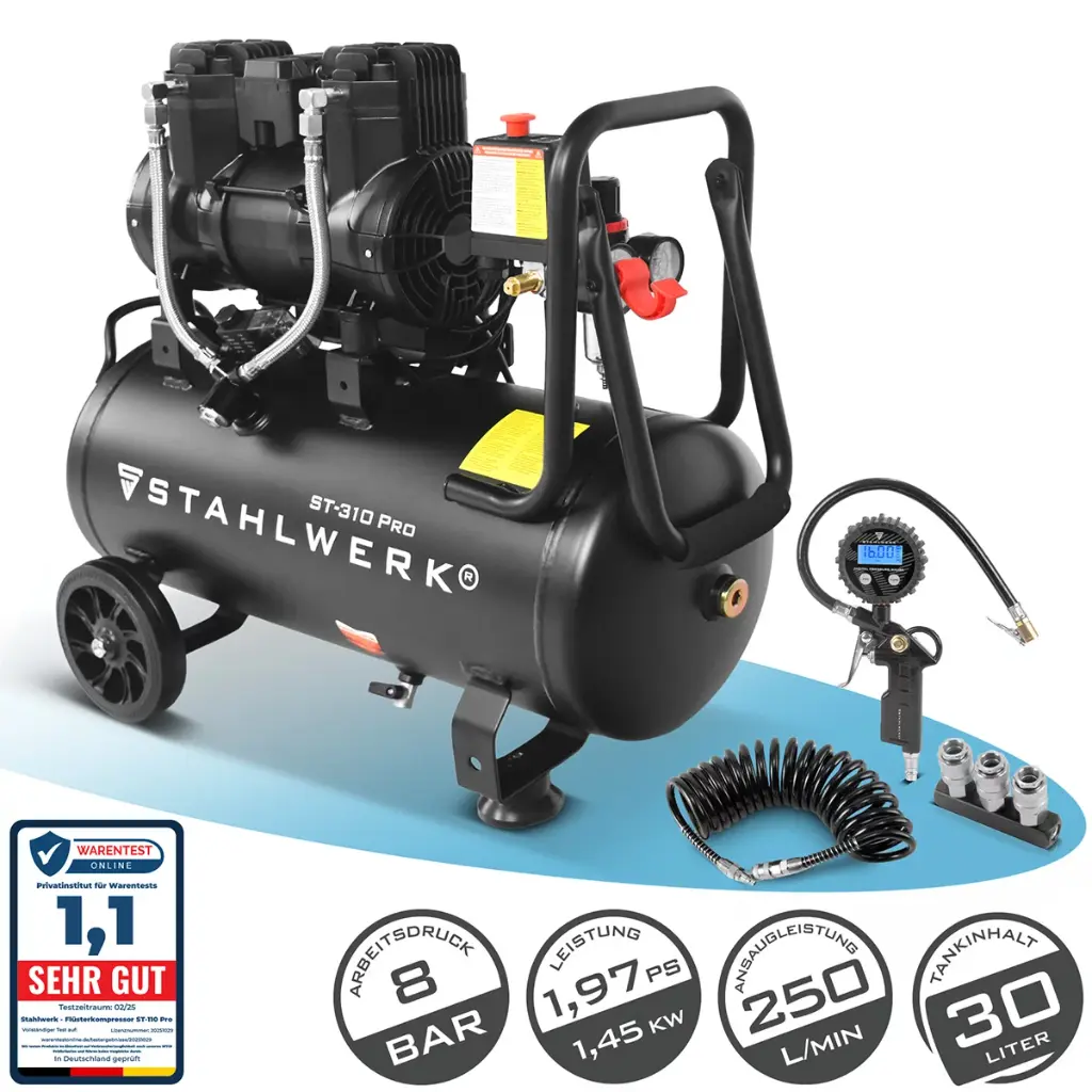 STAHLWERK Kompressor ST-310 Pro Vollausstattung 10 bar 2,1 PS 1,6 kW 210 l/min 30 l Druckluftkompressor