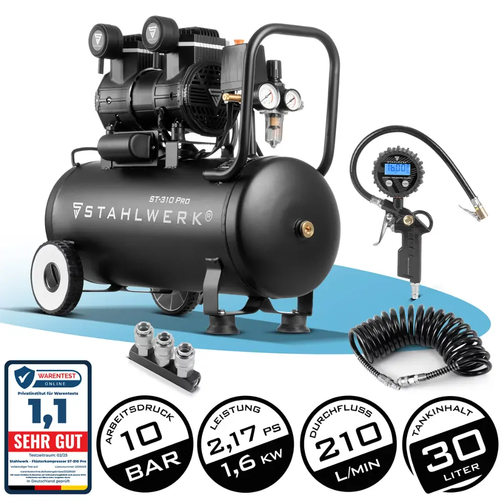 STAHLWERK Kompressor ST-310 Pro Vollausstattung 10 bar 2,1 PS 1,6 kW 210 l/min 30 l Druckluftkompressor