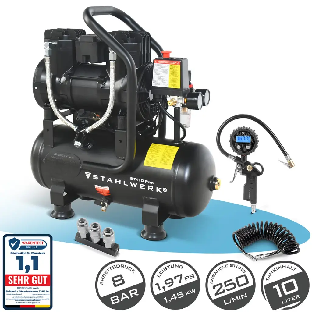 STAHLWERK Kompressor ST-110 Pro Vollausstattung 10 bar 2,1 PS 1,6 kW 210 l/min 10 l Druckluftkompressor