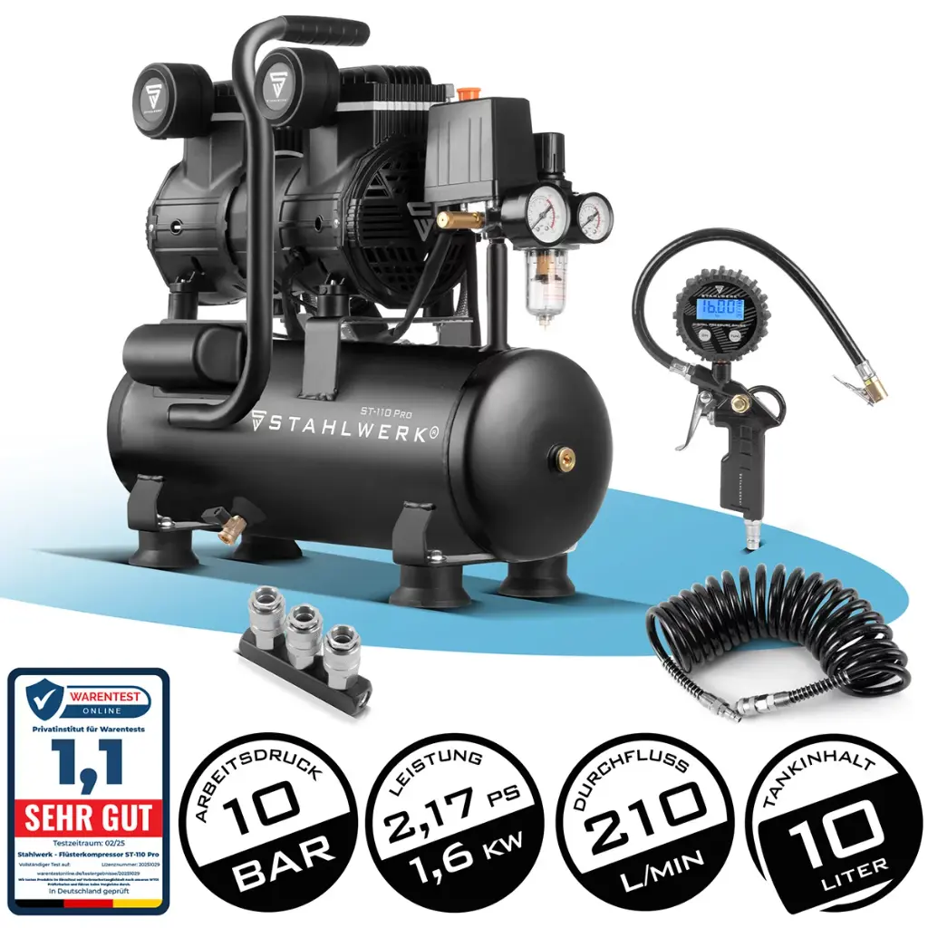 STAHLWERK Kompressor ST-110 Pro Vollausstattung 10 bar 2,1 PS 1,6 kW 210 l/min 10 l Druckluftkompressor