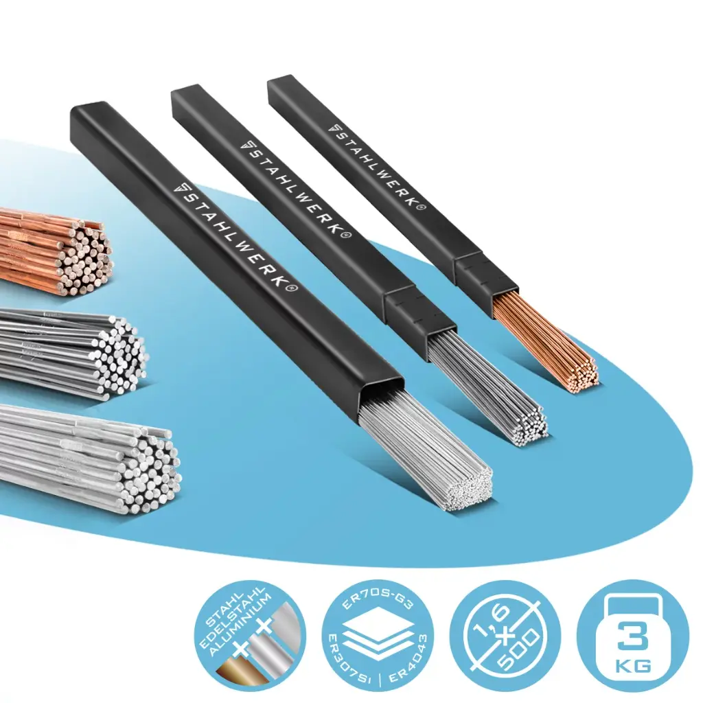 STAHLWERK Schweißstäbe Set ER70S-G3 Stahl & ER307Si Edelstahl hochlegiert & ER4043Si5 Aluminium / Ø 1,6 x 500 mm / je 1kg WIG Schweißzusatz 