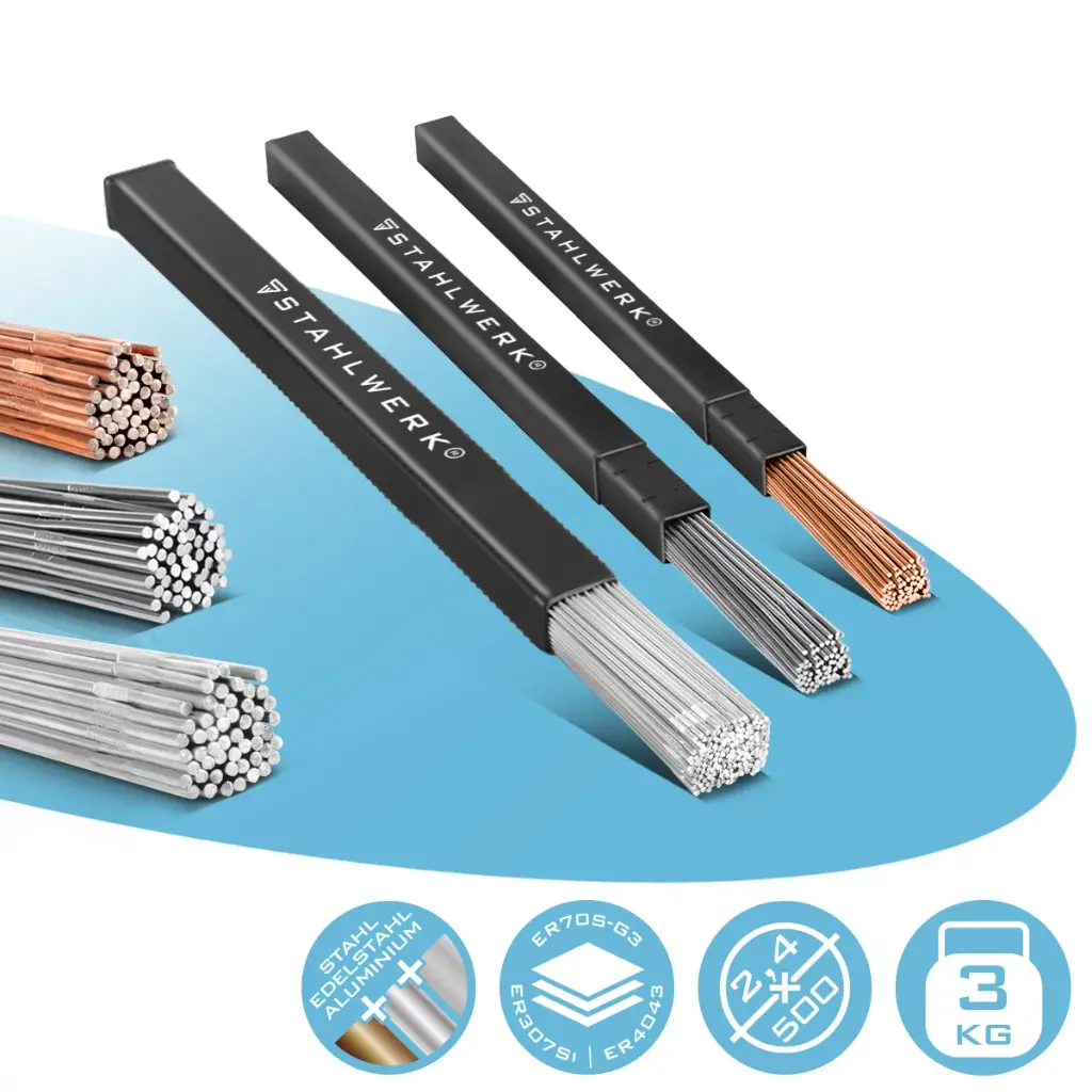 STAHLWERK Schweißstäbe Set ER70S-G3 Stahl & ER307Si Edelstahl hochlegiert & ER4043Si5 Aluminium / Ø 2,5/2,4 x 500 mm / je 1kg WIG Schweißzusatz
