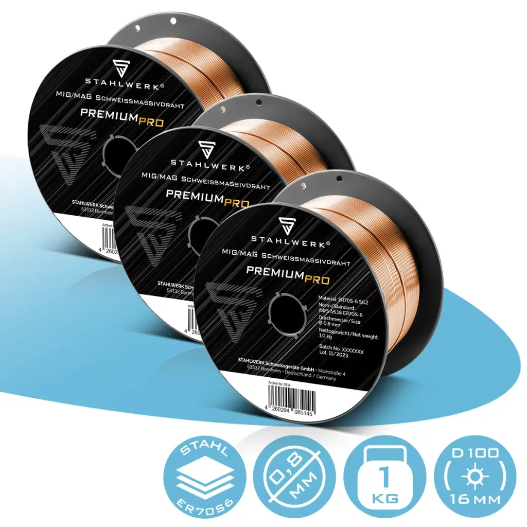 STAHLWERK MIG/MAG Schweißdraht Ø 0,8 mm, Stahl SG2 ER70S-6, auf 1 kg D100 Drahtrolle mit 16 mm Dorn, universell einsetzbar, praktisches 3er Set 