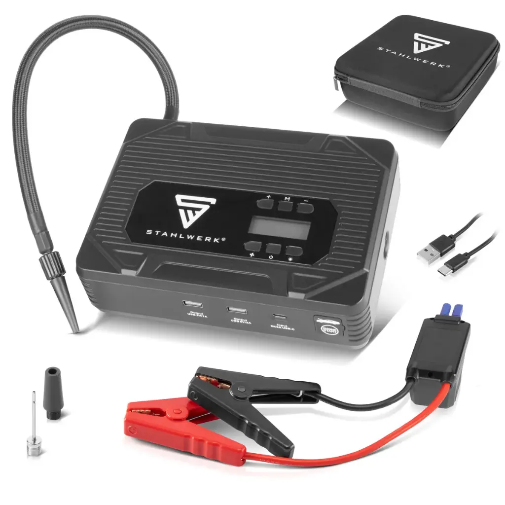 STAHLWERK PB-1400 St Powerbank Starthilfe 400A 14.000 mAh für Benzin-und Dieselmotoren mobiler Kompressor mit 3,5bar Arbeitsdruck