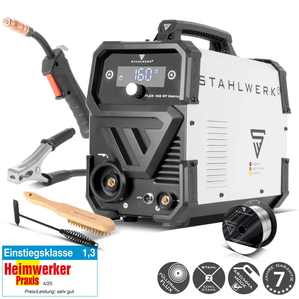 STAHLWERK Schweißgerät FLUX 160 ST Digital mit 160 A, synergischem Drahtvorschub digitales Display