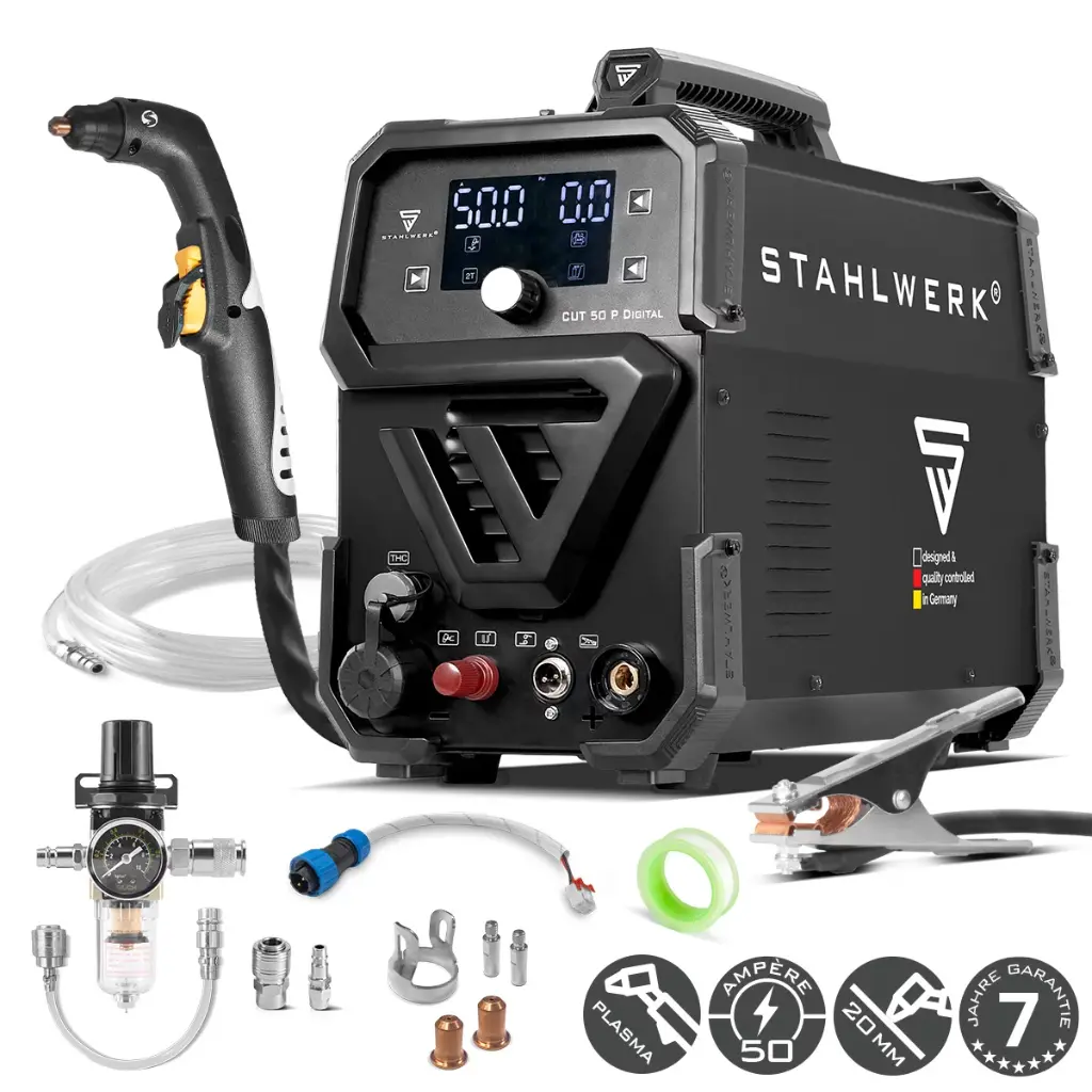 STAHLWERK Plasmaschneider CUT 50 P Digital | 50 A Inverter-Plasmaschneider | HF-Pilotzündung | Digitalanzeige | THC-Schnittstelle für CNC | Schneidleistung bis 20 mm | Plasma Cutter mit 2T/4T-Funktion 